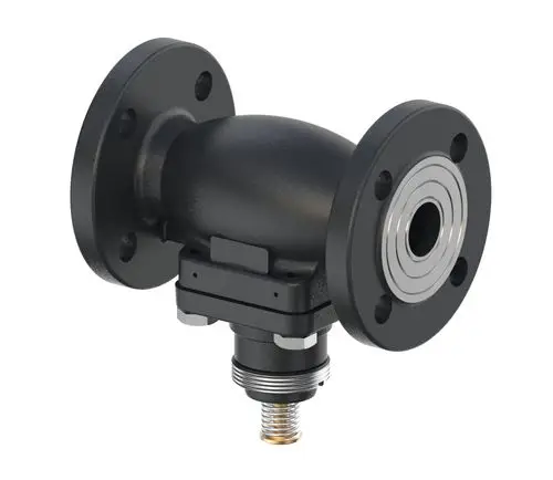 Zweiflutig schwarzes Danfoss-Ventil mit Flanschen und zentralem Gewindeanschluss. Kompakte Bauform für Einsatz in Rohrleitungssystemen.